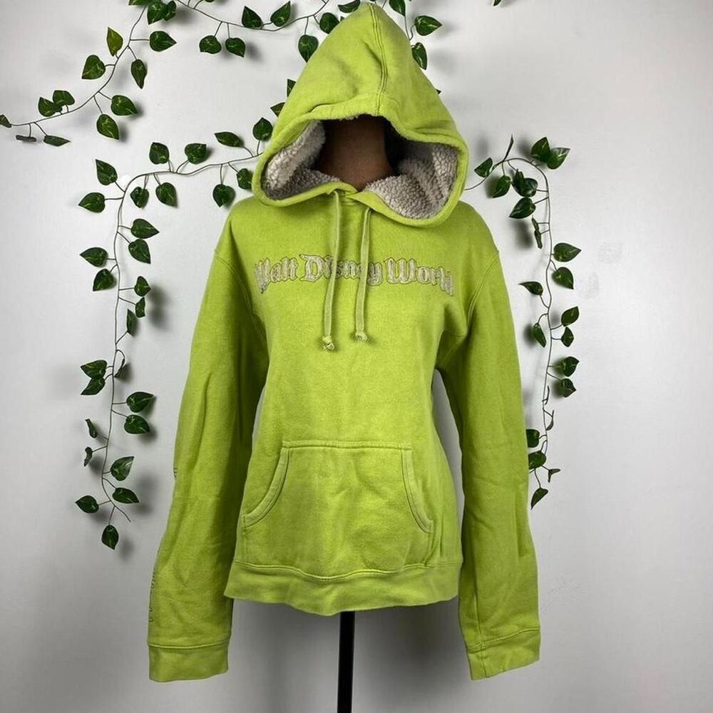 Rare vintage Walt Disney World y2k lime green hoodie embroidered sherpa 90s 2000